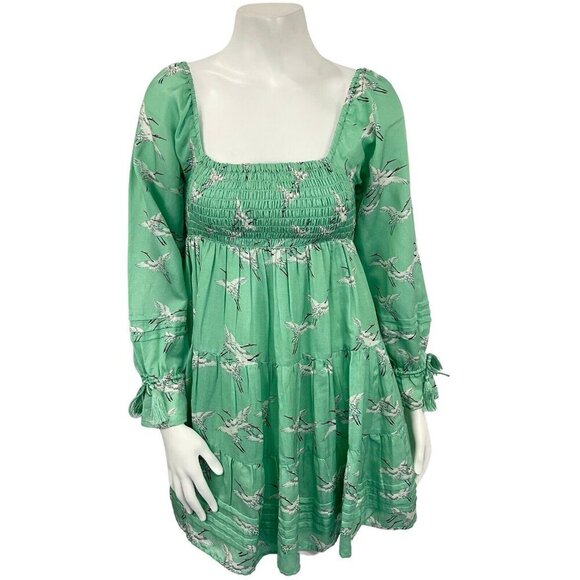 Roller Rabbit Long Sleeves Smocked Babydoll Mini Dress Green Birds Small Resort - Picture 1 of 15